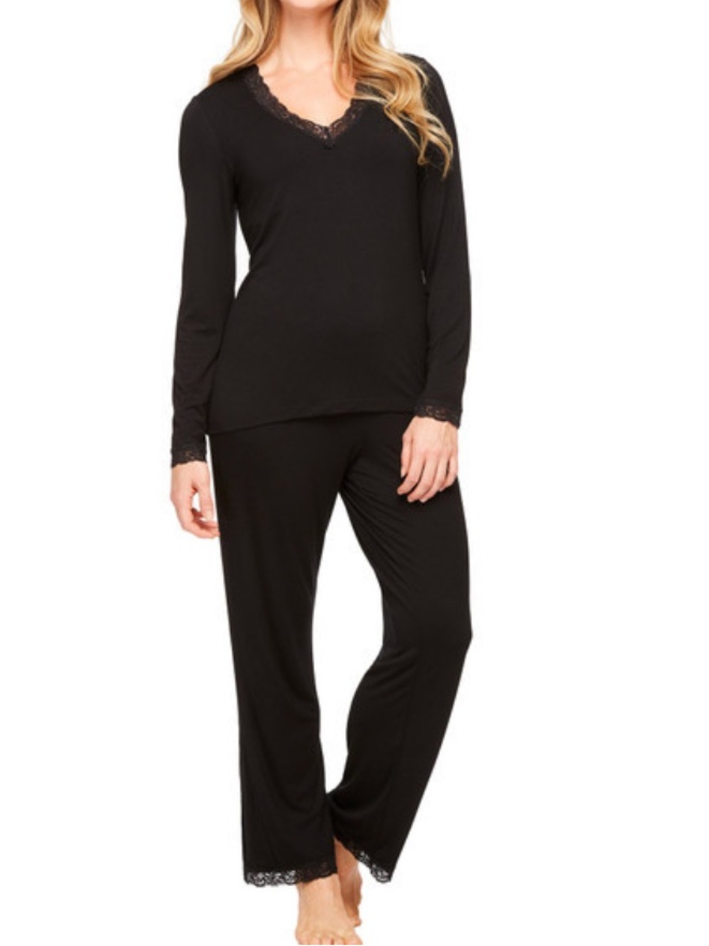 Fleur't Long Sleeve PJ Set with Shelf Bra, Black with Pink Lace Trim, M